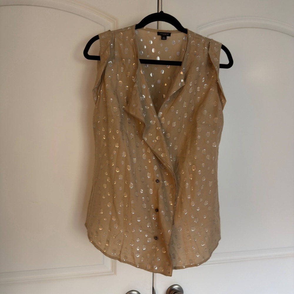 Ann Taylor Tan Silver Metallic Polka Dot Ruffle Sleeveless Blouse Top 6